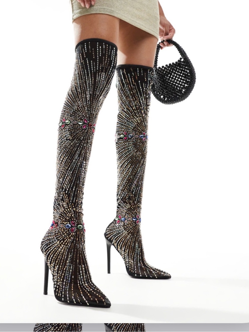 Azalea Wang Embellished Black Over-the-Knee Sock Stiletto Boots